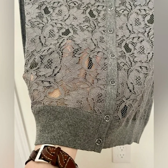 LOFT Gray Lace Cotton/Nylon Stretch Women's Light Sweater - Picture 3 of 15